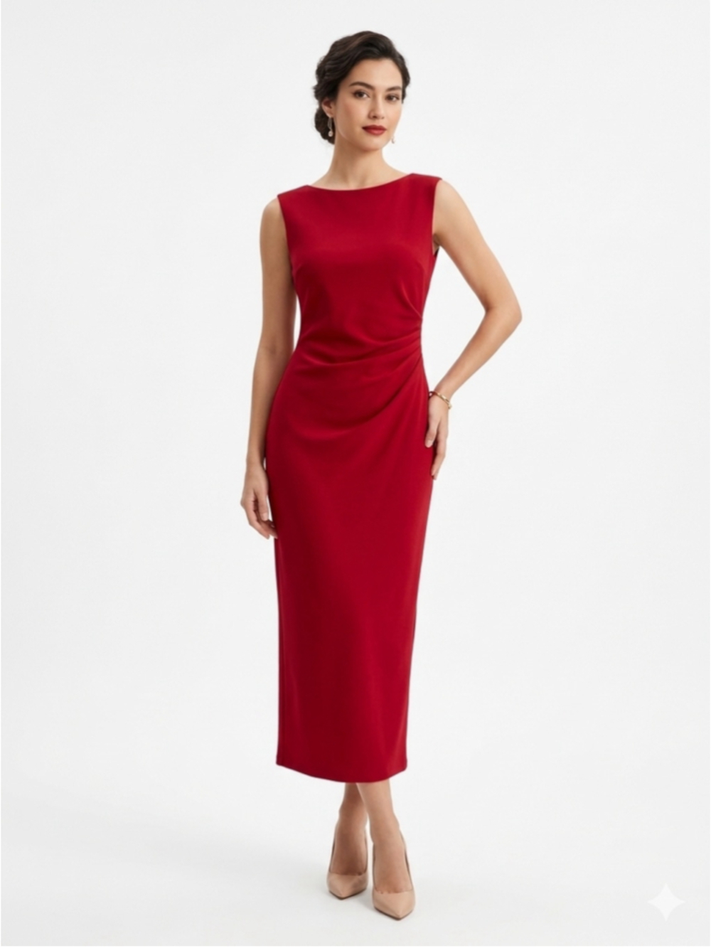 Women's Mango MNG Red Sleeveless Ruched Midi Dress Size 4 - 52” long